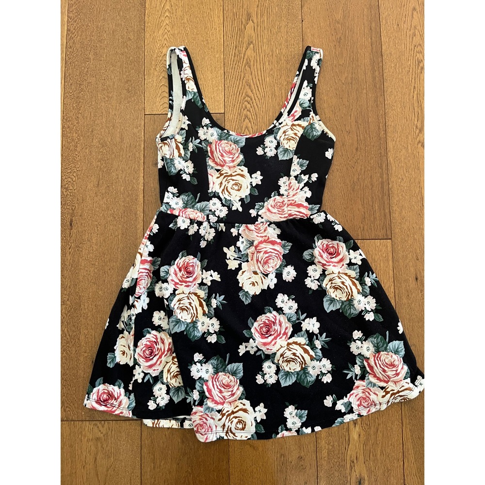 Floral Print Skater Mini Dress Black Rose Scoop Neck Sleeveless A Line Size S - Picture 4 of 14